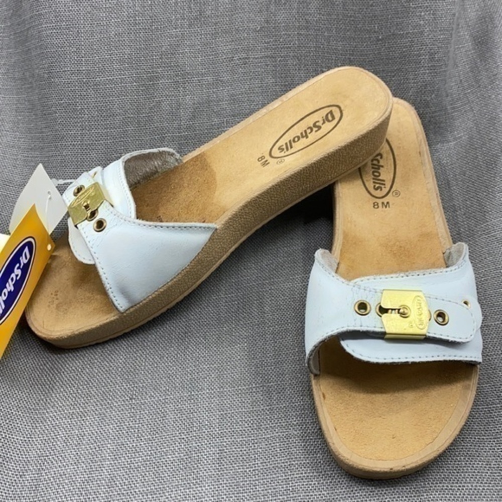 Women’s Vintage Dr. Scholl’s Exercise Wedge White Leather Slip On Sandal…